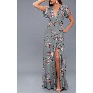 Lulus Blue Floral Short Flutter Sleeve Flowy Maxi Dress Small 2 4 6 NWT